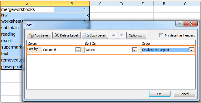 Select Excel field to sort
