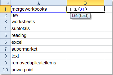 Microsoft Excel field length sort formula.